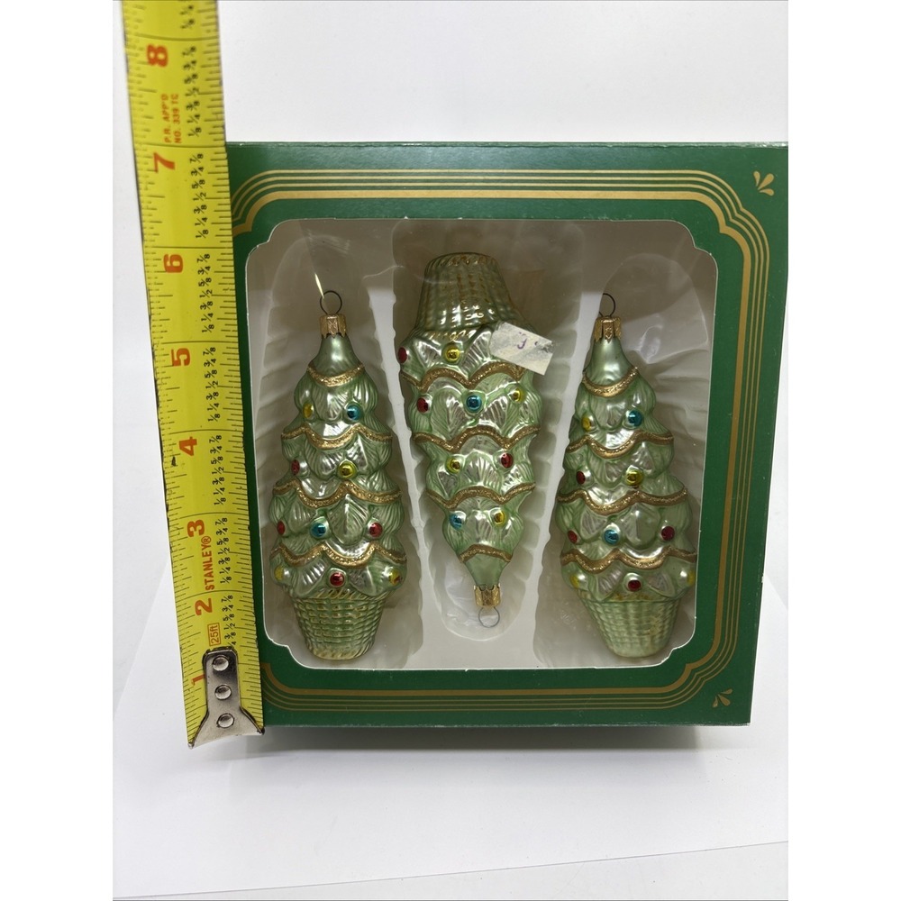 Vintage Kurt Adler Christmas Tree Glass Ornaments Decorated Tree Set Of 3 Box - Picture 6 of 6